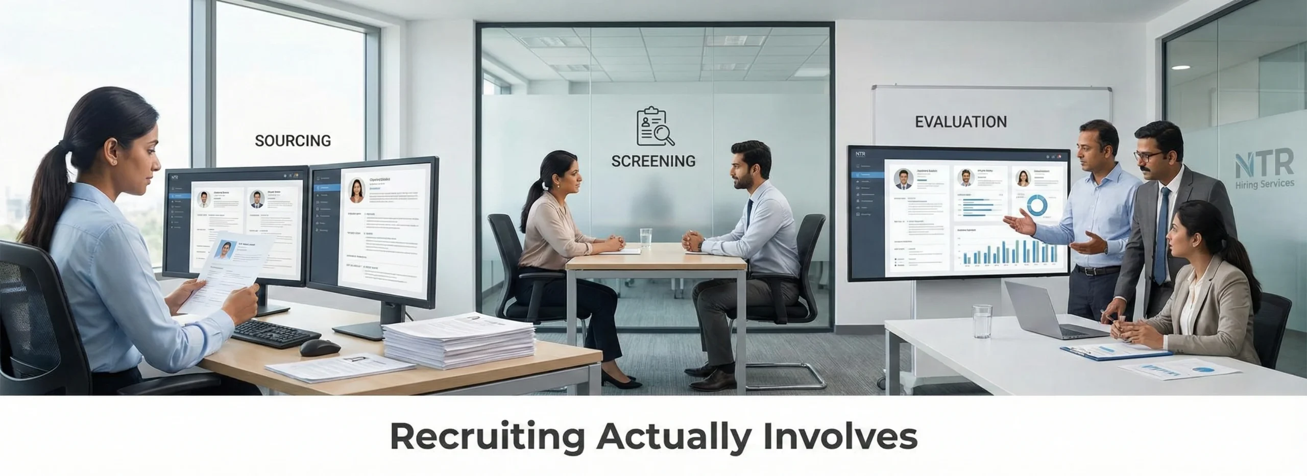 Indian recruitment team showing what recruiting actually involves through resume screening and interviews.