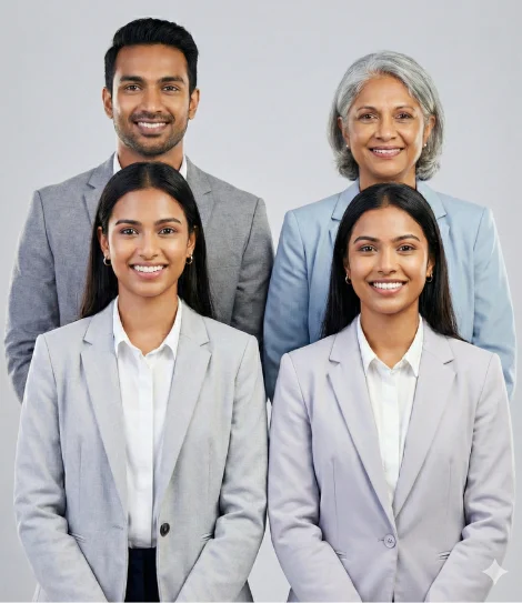 “Four Indian HR professionals standing in studio, confident and approachable – Recruitment agency in Delhi NCR team photo”