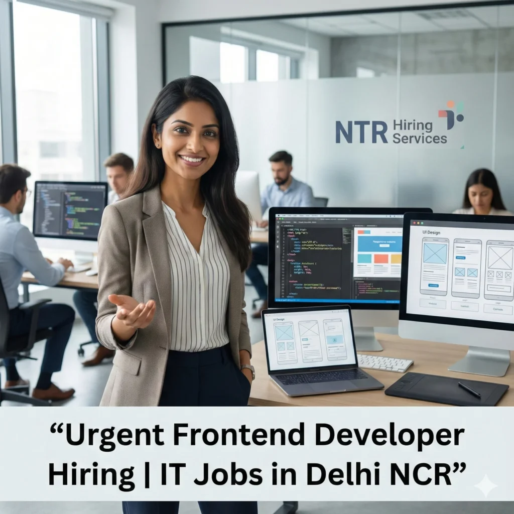 Professional HR welcoming gesture representing Frontend Developer job hiring in Delhi NCR by NTR Hiring Services.