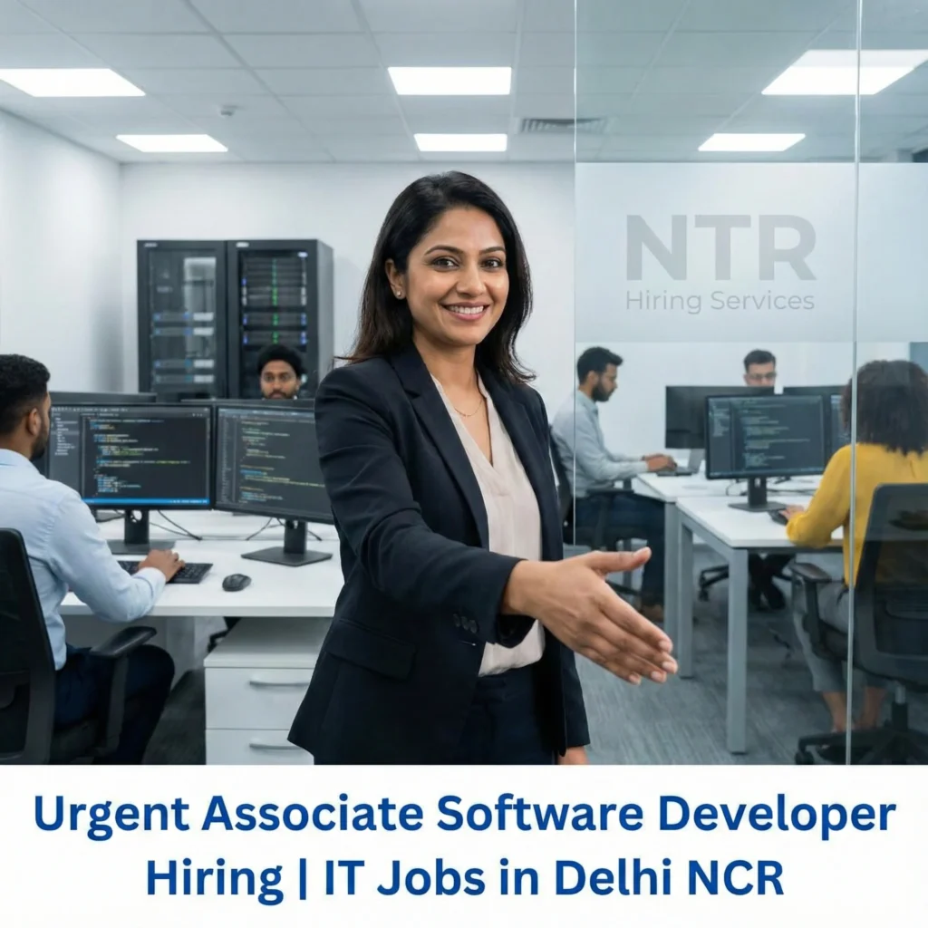 Professional HR welcoming gesture representing Associate Software Developer job hiring in Delhi NCR by NTR Hiring Services.
