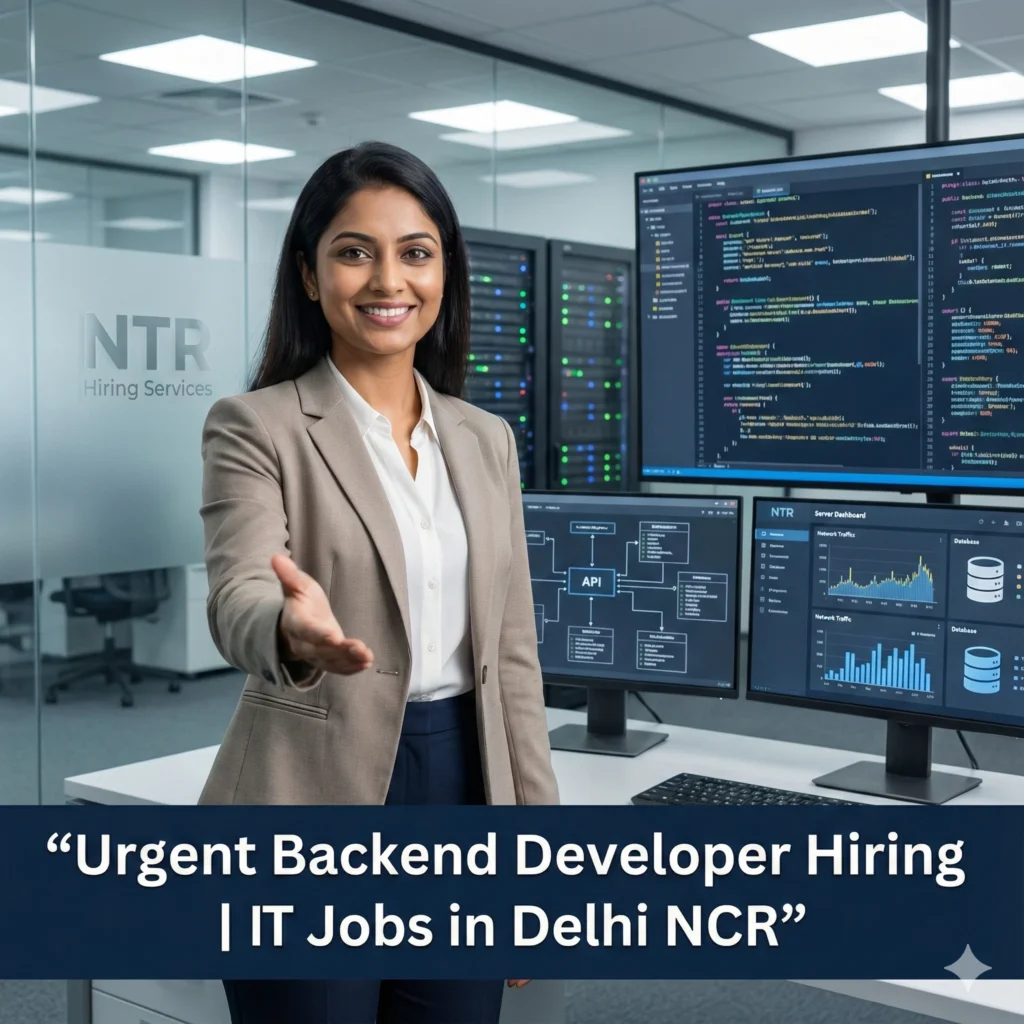 Professional HR welcoming gesture representing Backend Developer job hiring in Delhi NCR by NTR Hiring Services.