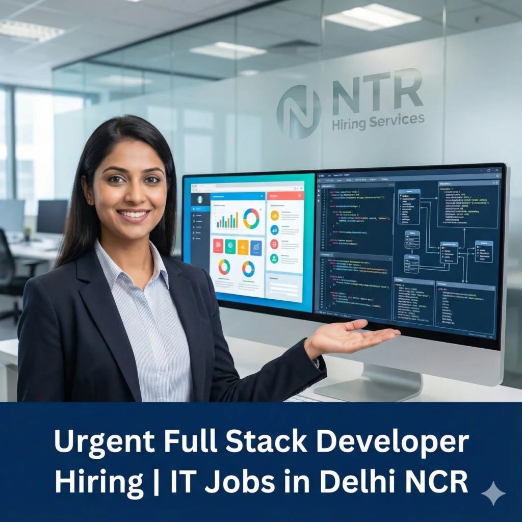 Professional HR welcoming gesture representing Full Stack Developer job hiring in Delhi NCR by NTR Hiring Services.