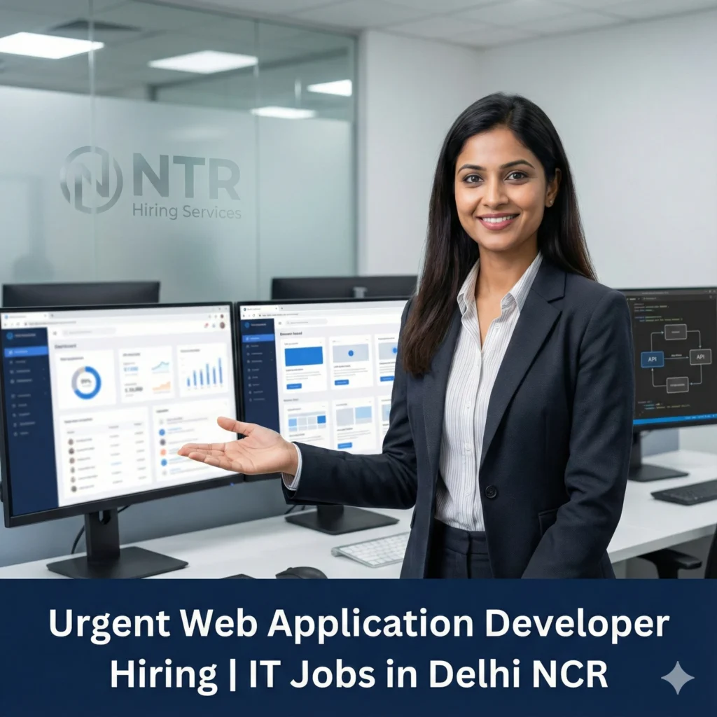 Professional HR welcoming gesture representing Web Application Developer job hiring in Delhi NCR by NTR Hiring Services.