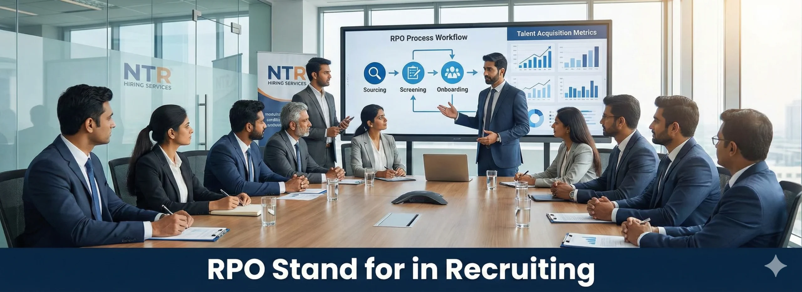 Indian corporate team learning what does RPO stand for in recruiting through recruitment outsourcing discussion.