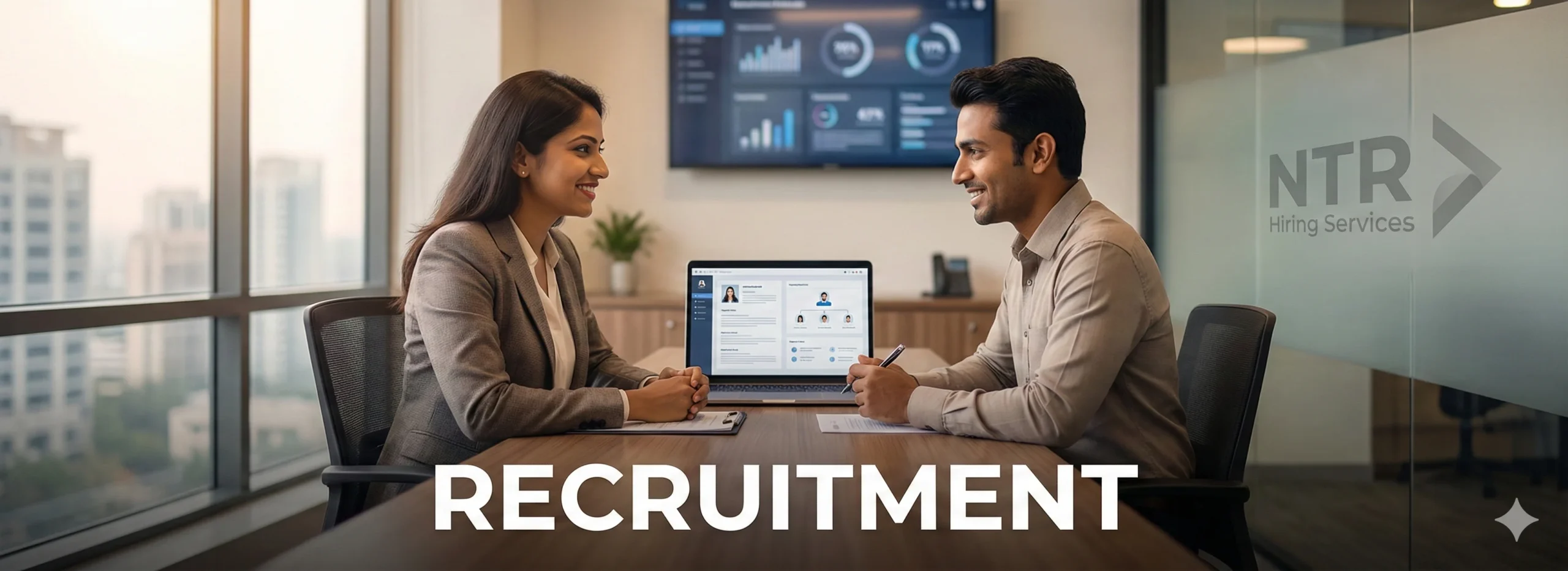 Indian HR professional explaining what does recruit mean to a job seeker in a modern office by NTR Hiring Services.