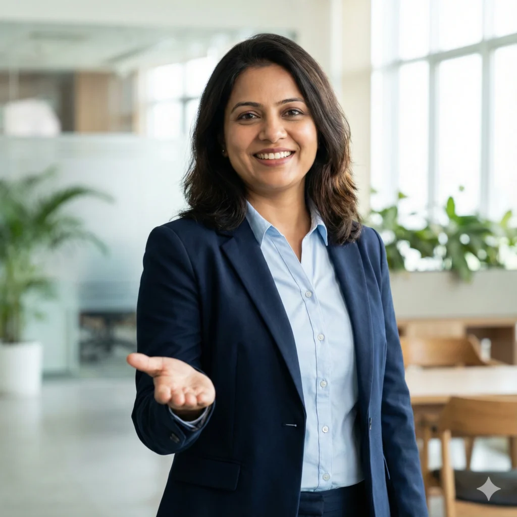 Professional Indian HR woman standing confidently in office, welcoming gesture, representing a recruitment agency in Delhi NCR and placement agency in Delhi