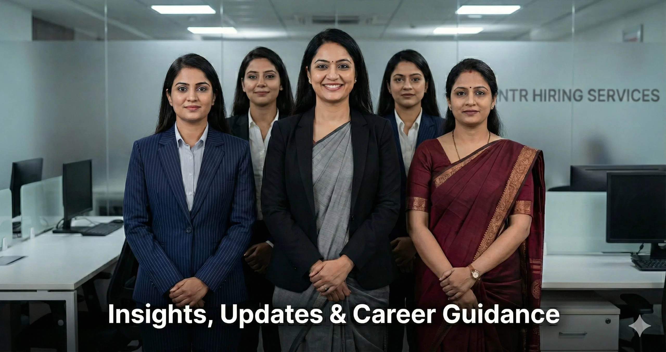 Five Indian professional women standing confidently in a modern corporate office, smiling at the camera with the text “Insights, Updates & Career Guidance” at the bottom.
