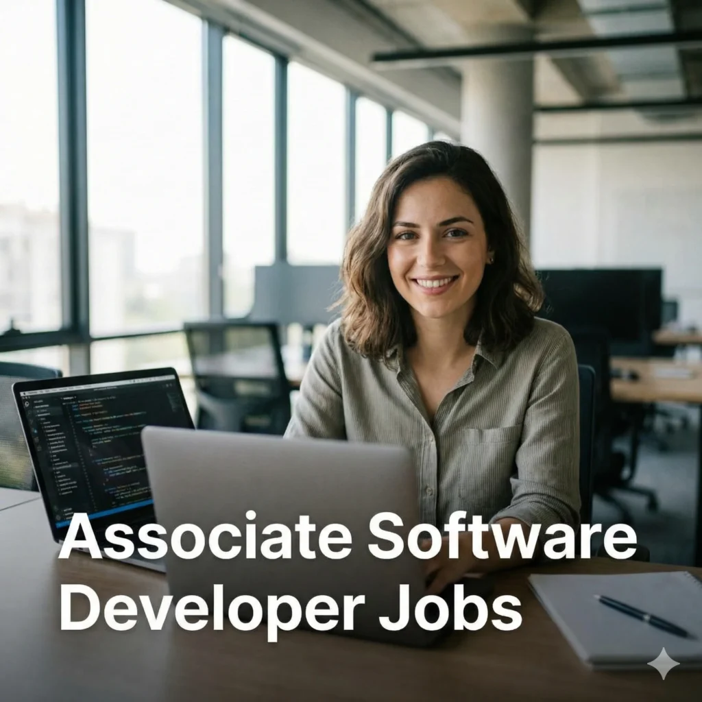 Associate software developer working on a laptop in a professional IT environment representing associate software developer jobs.