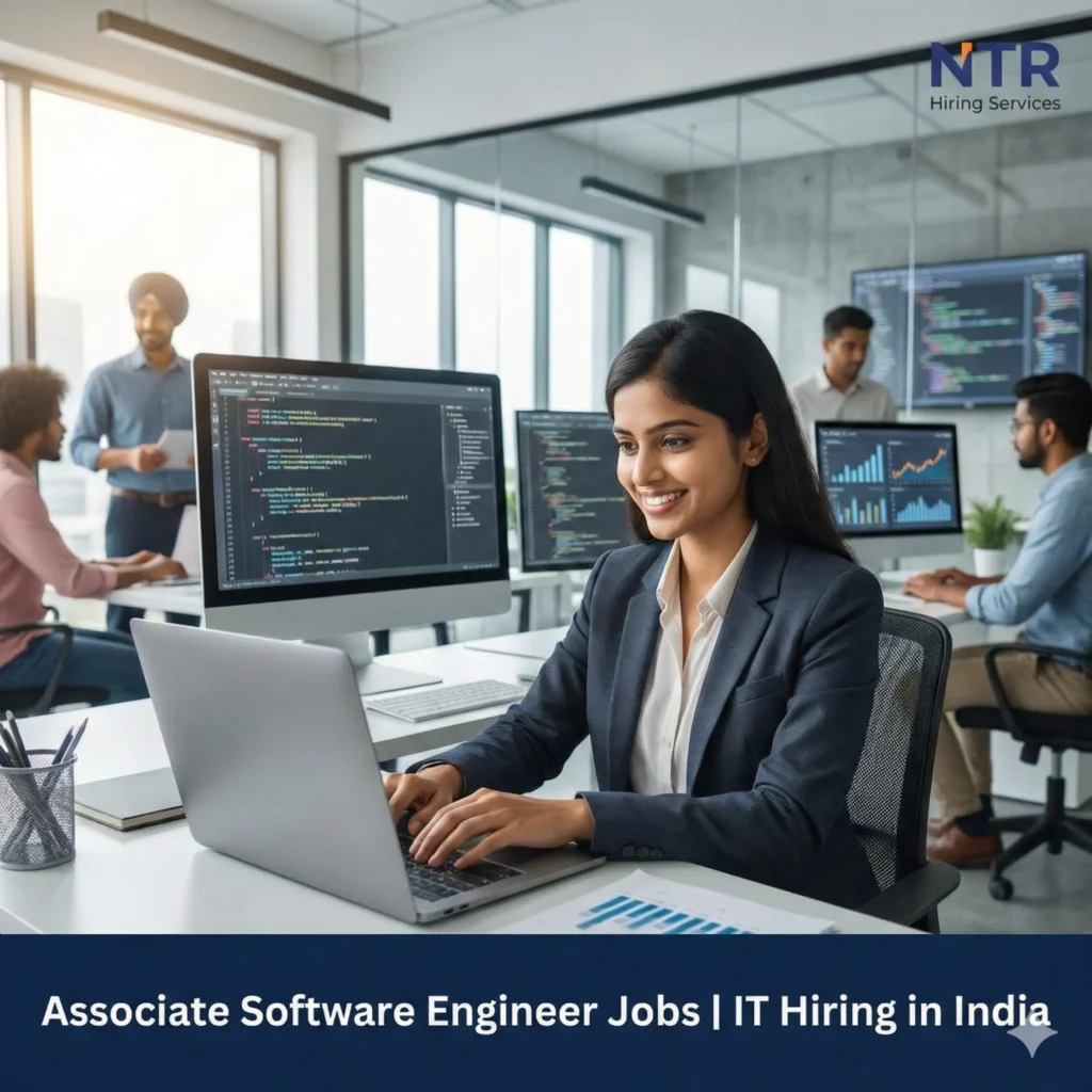 Associate software engineer job opportunity in India represented by IT professionals working in a modern office setup.