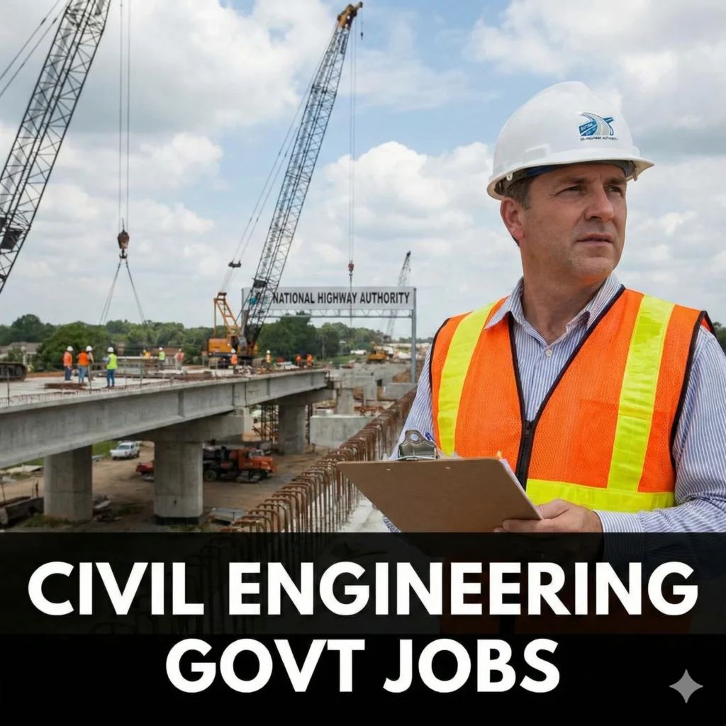 Civil engineer working at a government construction site representing civil engineering govt jobs.