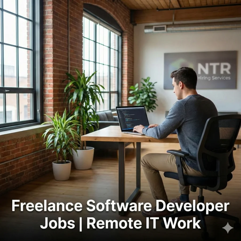 Freelance software developer working remotely on a laptop representing freelance software developer jobs by NTR Hiring Services.