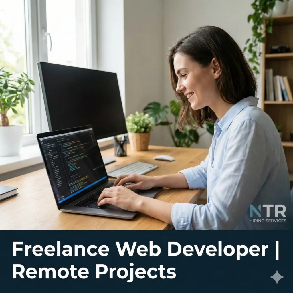 Freelance web developer working remotely on a laptop representing freelance web developer jobs by NTR Hiring Services