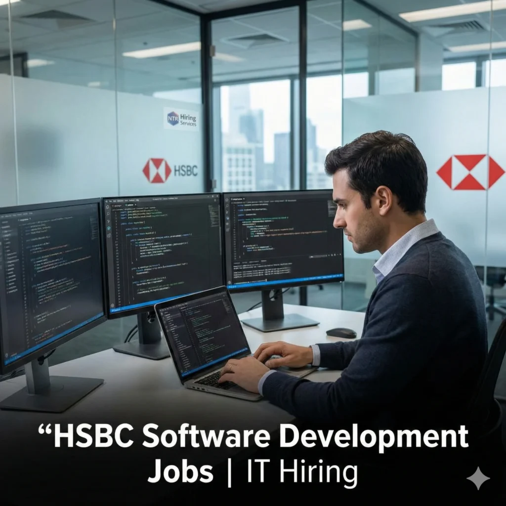 Software developer working in a corporate IT environment representing HSBC software development jobs by NTR Hiring Services.