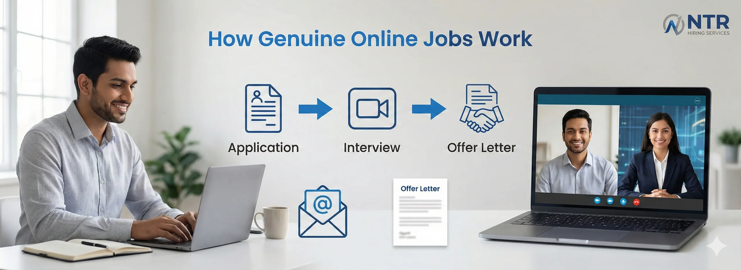 Illustration showing a genuine online job hiring process with application, interview, and offer letter steps.