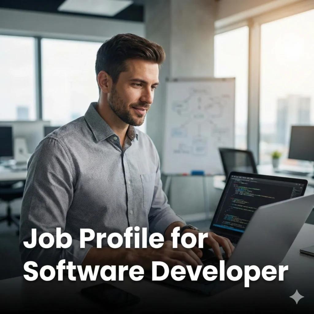 Job profile for software developer showing a professional software developer working on code in an IT environment.