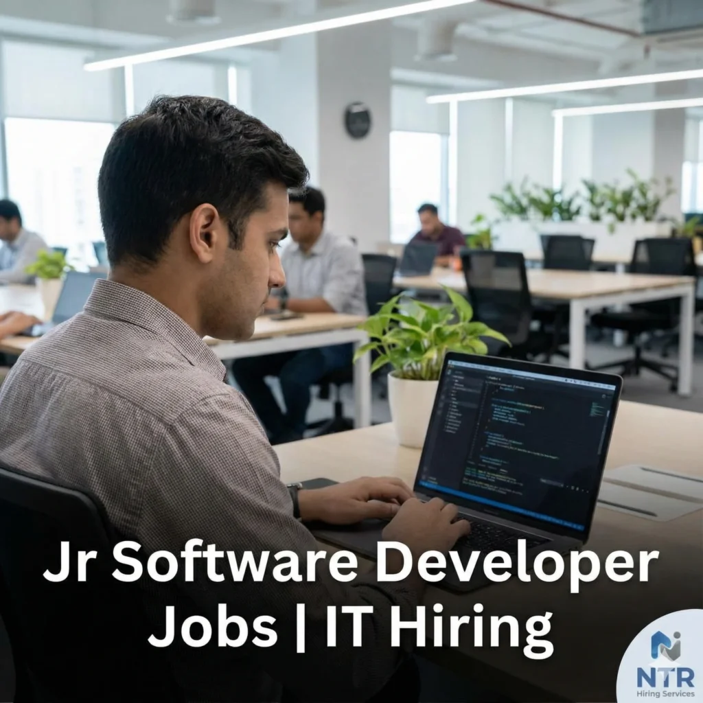 Jr software developer working in a professional IT environment representing jr software developer jobs by NTR Hiring Services.