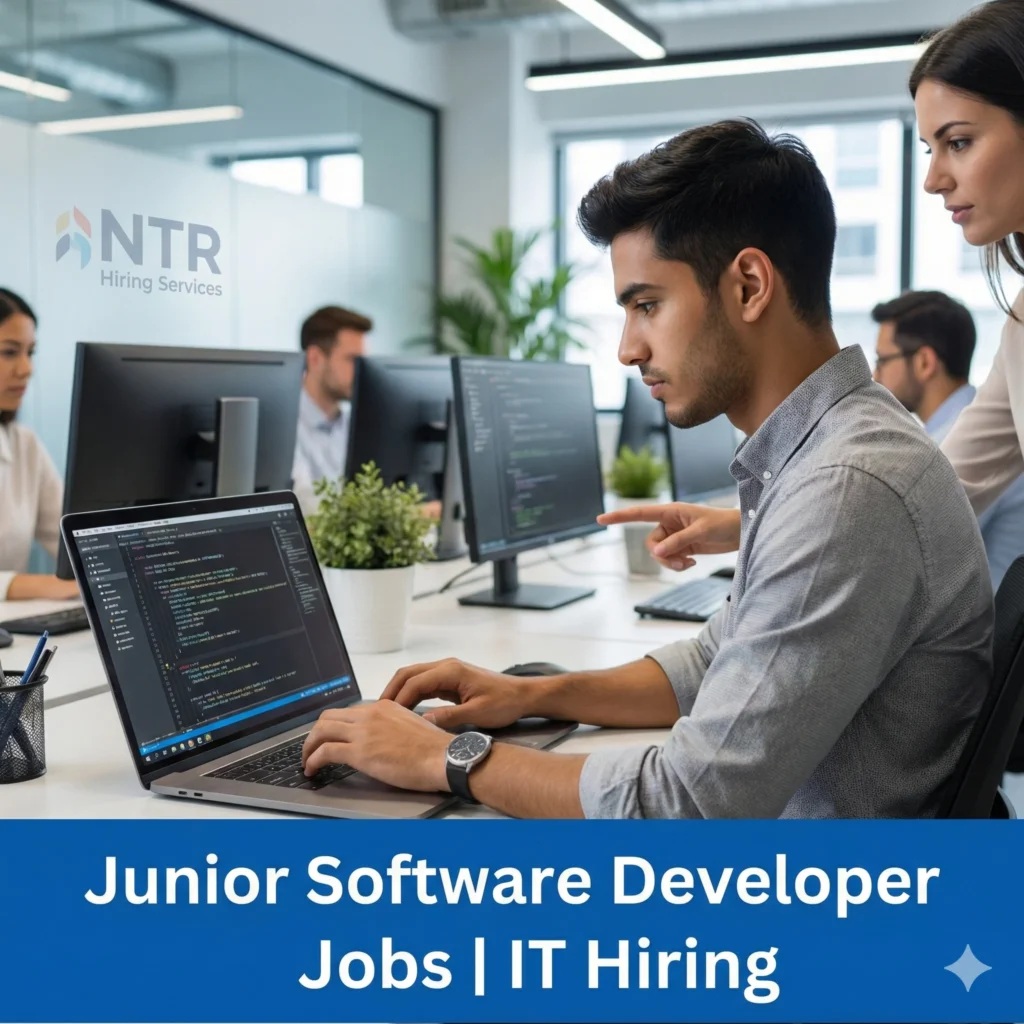 Junior software developer working in a professional IT environment representing junior software developer jobs by NTR Hiring Services.