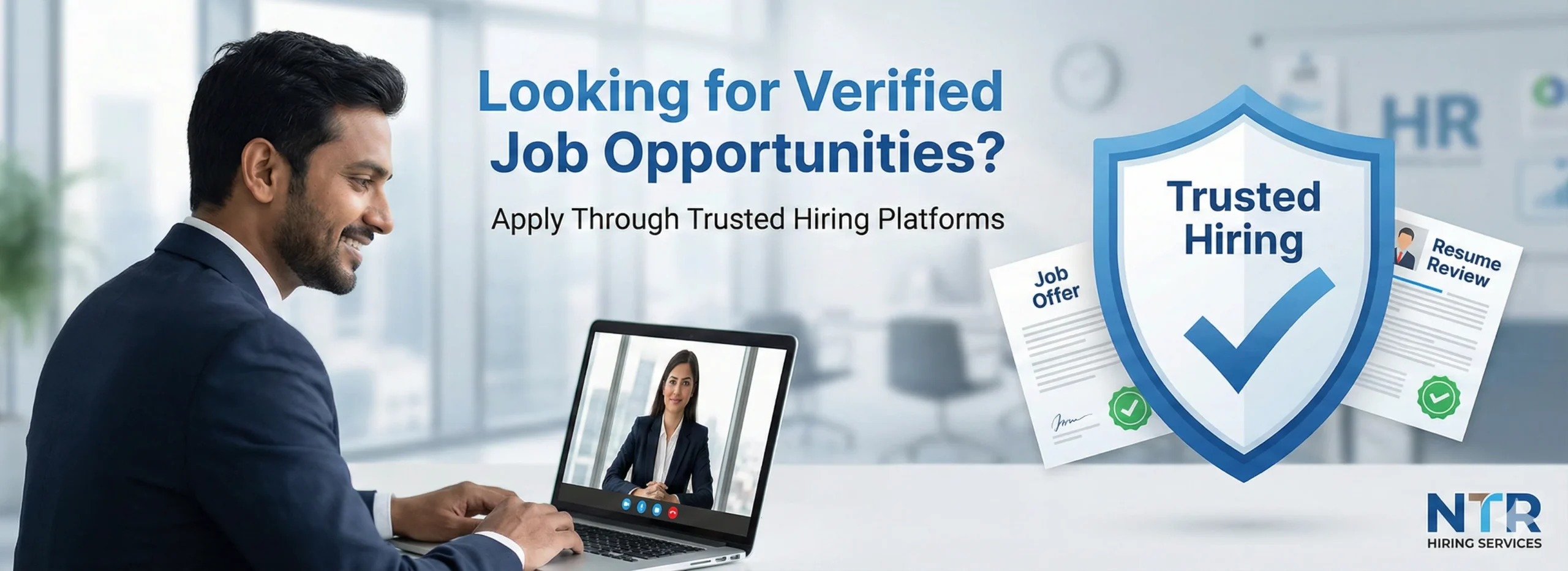 Verified job opportunities banner showing an Indian job seeker interacting with a professional recruiter through a trusted hiring platform.