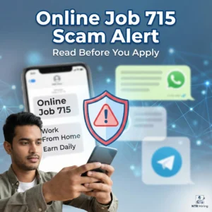 Online Job 715 scam alert featured image showing an Indian job seeker reading a suspicious online job message with warning symbols.