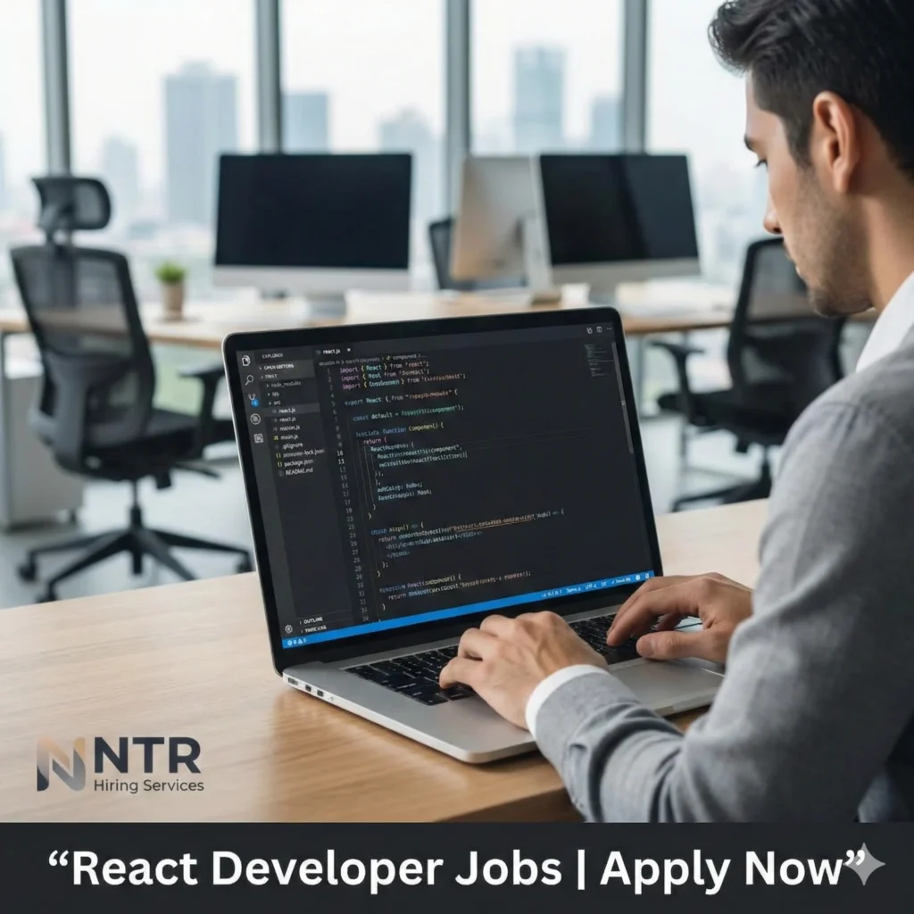 React developer working on frontend code representing react developer jobs by NTR Hiring Services