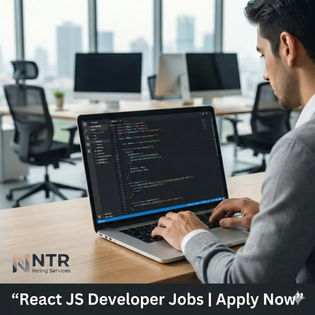 React JS developer working on frontend code representing react js developer jobs by NTR Hiring Services