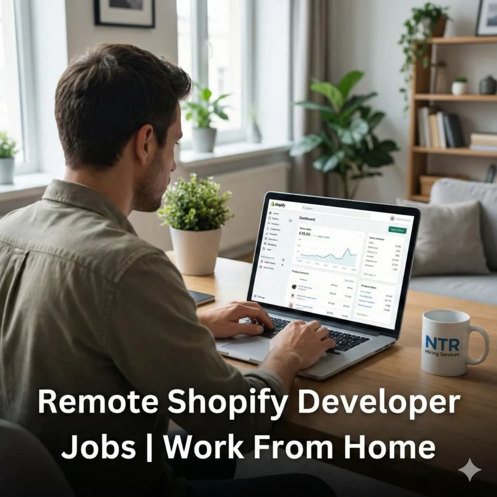 Remote Shopify developer working from home representing remote Shopify developer jobs by NTR Hiring Services.