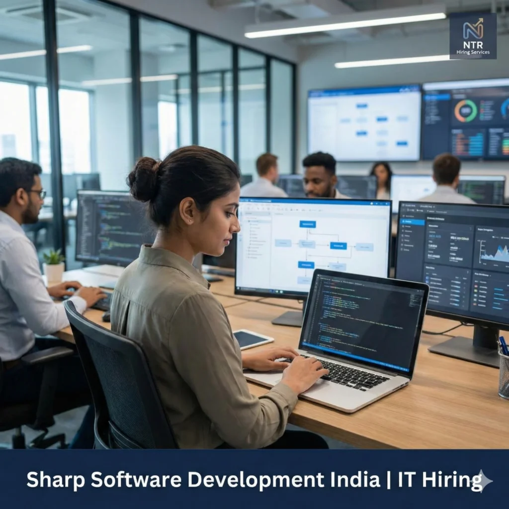 Sharp software development India job opportunity represented by IT professionals working in a modern office environment.