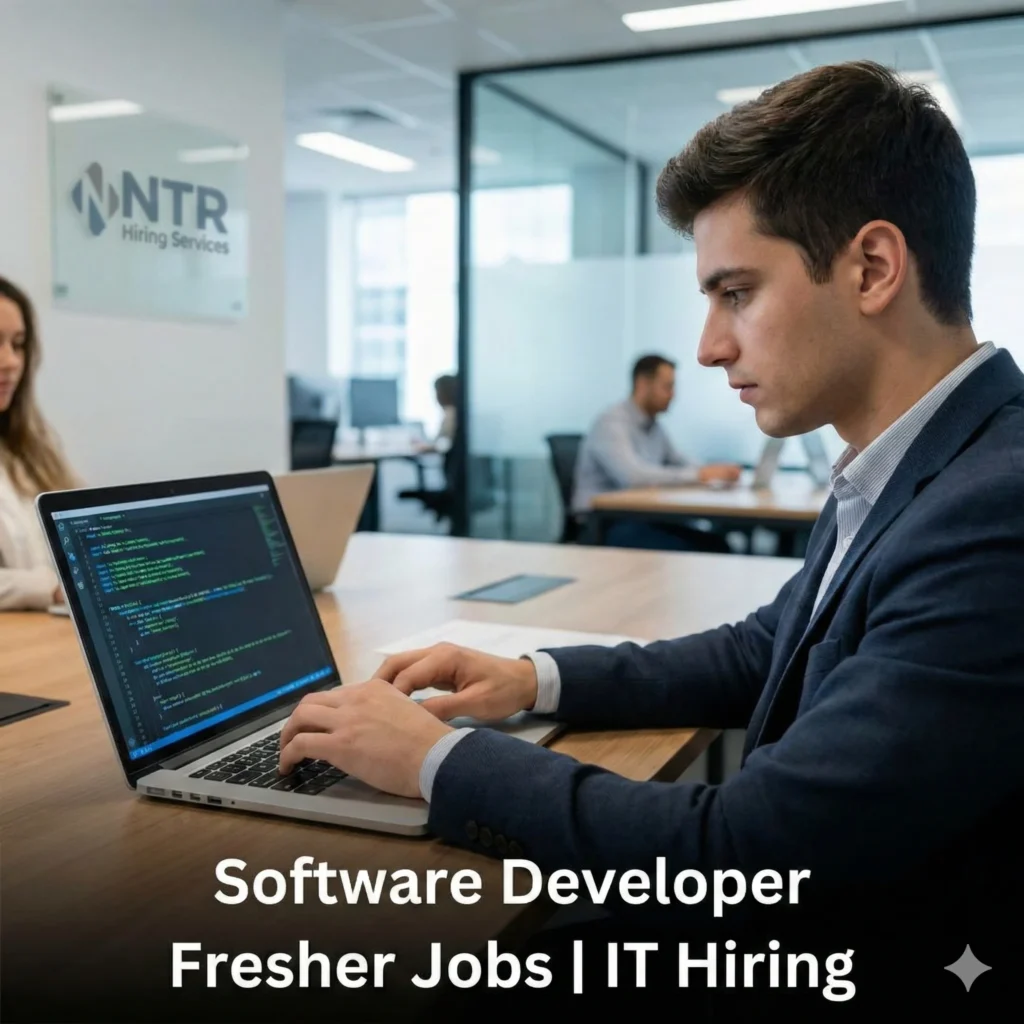 Software developer fresher working in a modern IT environment representing software developer fresher jobs by NTR Hiring Services.