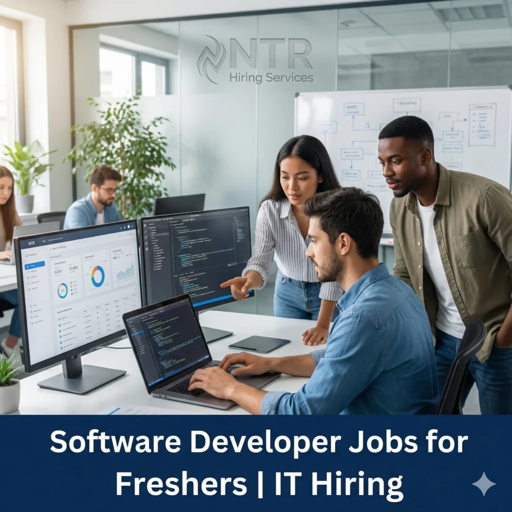 Fresher software developer working on a computer representing software developer jobs for freshers by NTR Hiring Services.