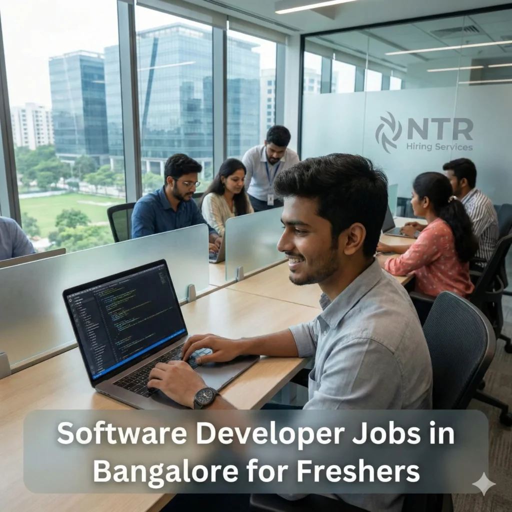 Fresher software developer working in a professional IT office representing software developer jobs in Bangalore for freshers.