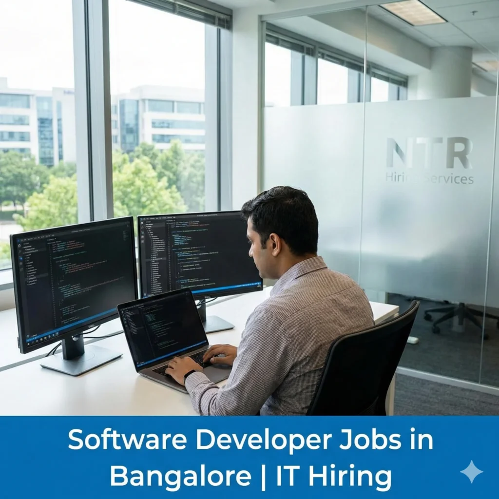 Software developer working in a modern IT office representing software developer jobs in Bangalore by NTR Hiring Services.