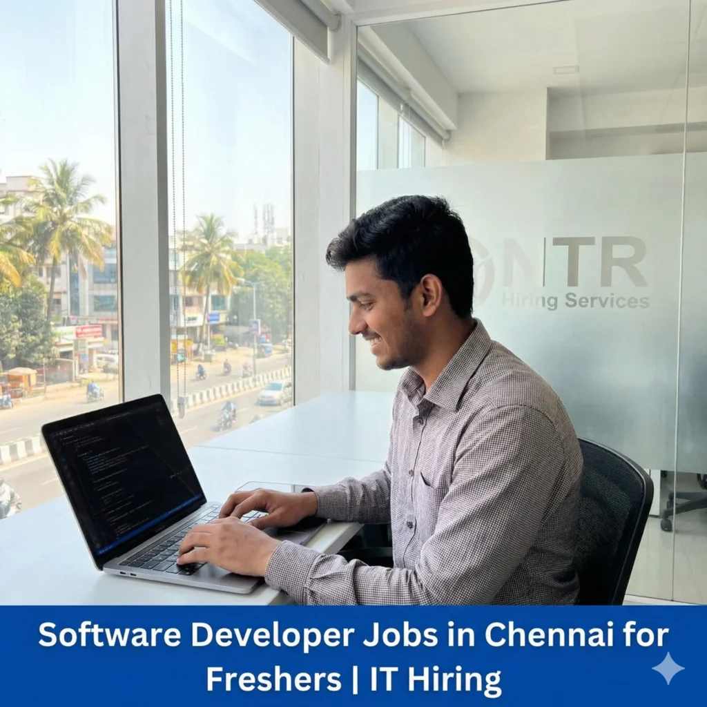 Fresher software developer working in a professional IT environment representing software developer jobs in Chennai for freshers by NTR Hiring Services.