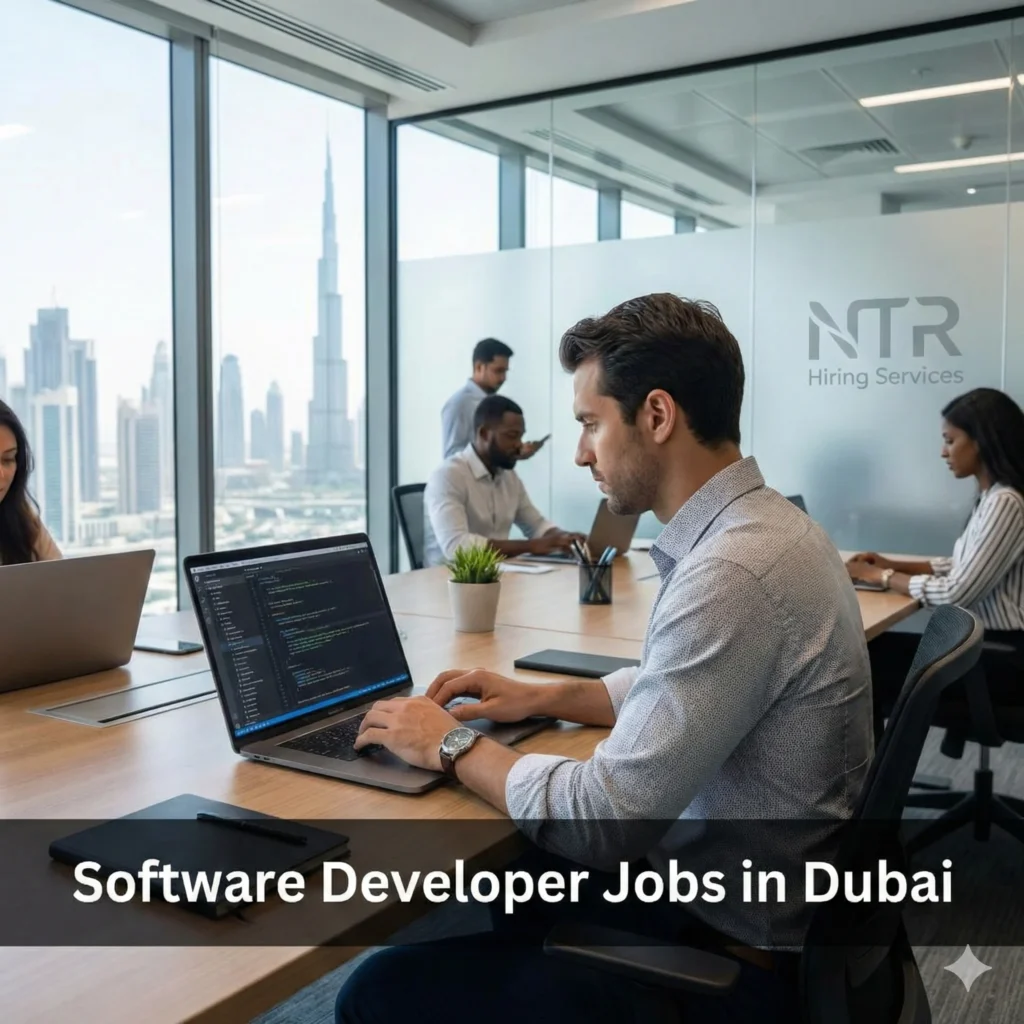Software developer working in a modern office representing software developer jobs in Dubai.