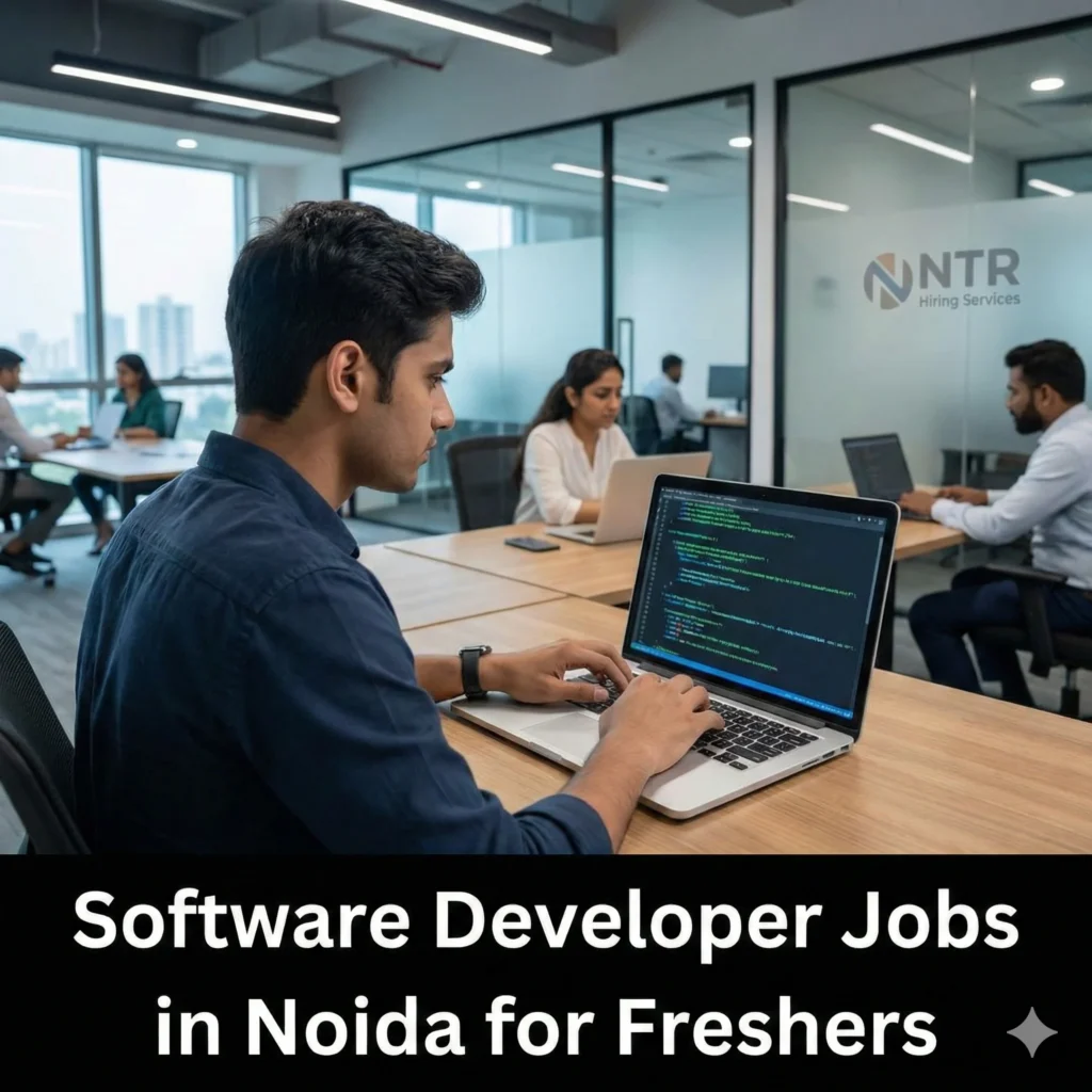 Software developer fresher working in a professional IT office representing software developer jobs in Noida for freshers by NTR Hiring Services.