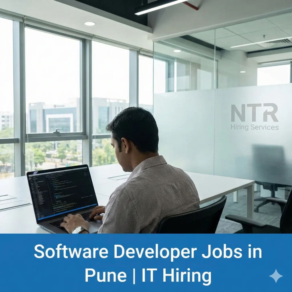 Software developer working in a professional IT office representing software developer jobs in Pune by NTR Hiring Services.