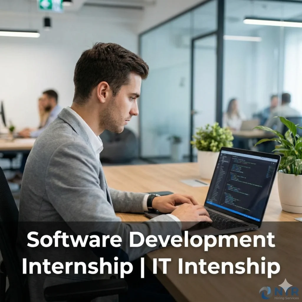 Software development intern working in a professional IT environment representing software development internship by NTR Hiring Services.