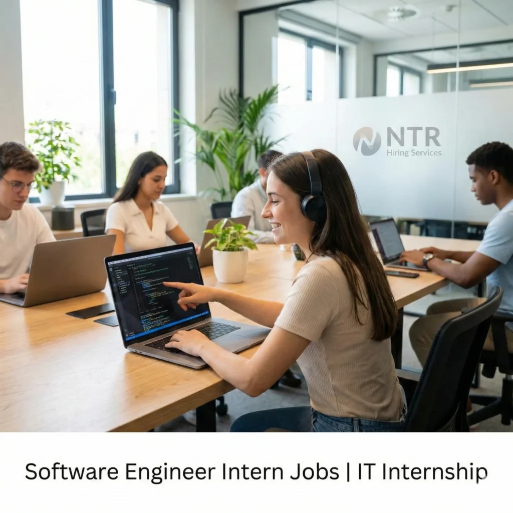 Software engineer intern working in a professional IT environment representing software engineer intern jobs by NTR Hiring Services.