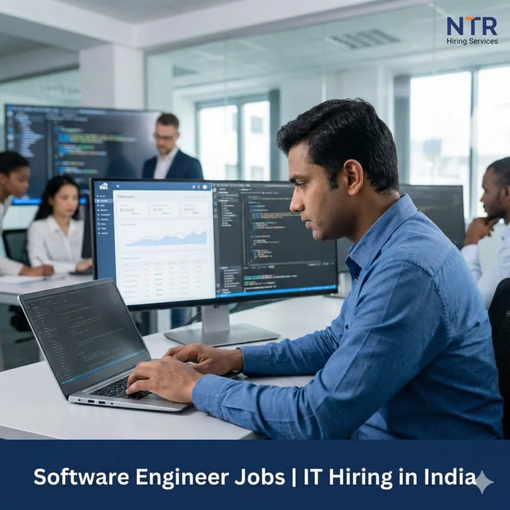 Software engineer jobs in India represented by IT professionals working in a modern office environment.
