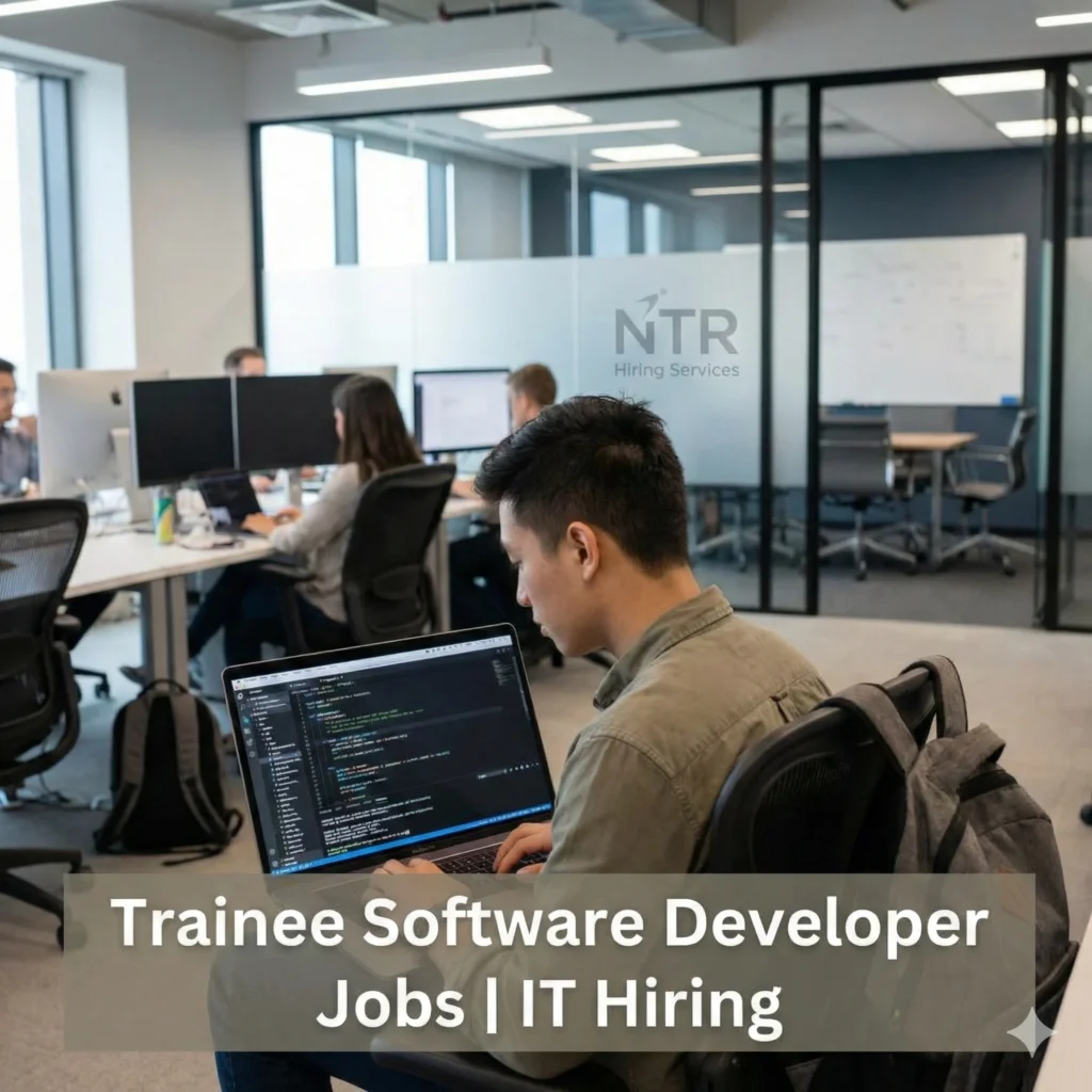 Trainee software developer working in a professional IT environment representing trainee software developer jobs by NTR Hiring Services.