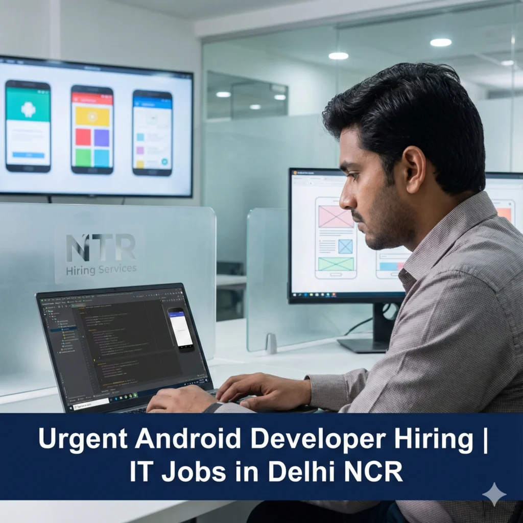 Android app developer working on Kotlin and Java applications representing Android Developer job hiring in Delhi NCR by NTR Hiring Services.