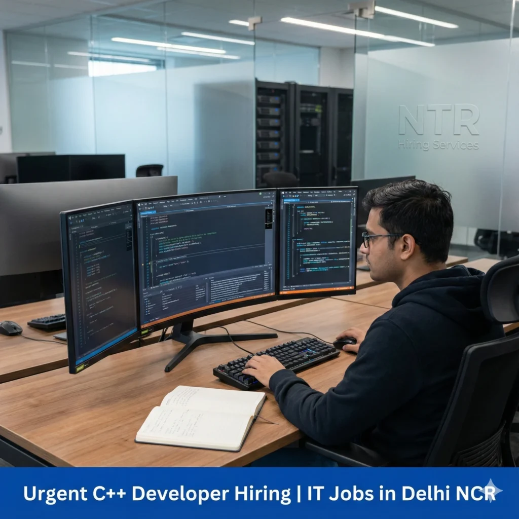 C++ developer working on software code representing C++ developer job hiring in Delhi NCR by NTR Hiring Services.