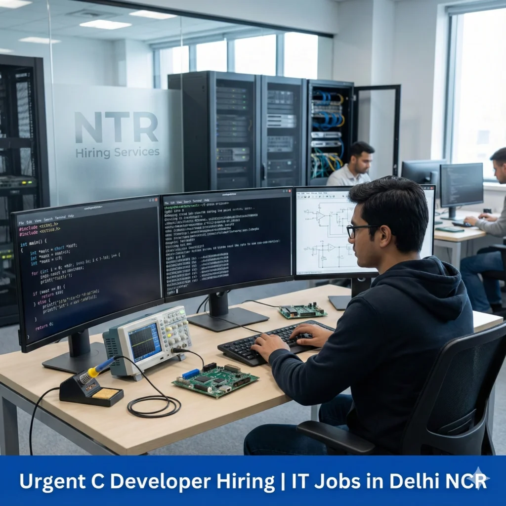 C developer working on system-level programming representing C developer job hiring in Delhi NCR by NTR Hiring Services.