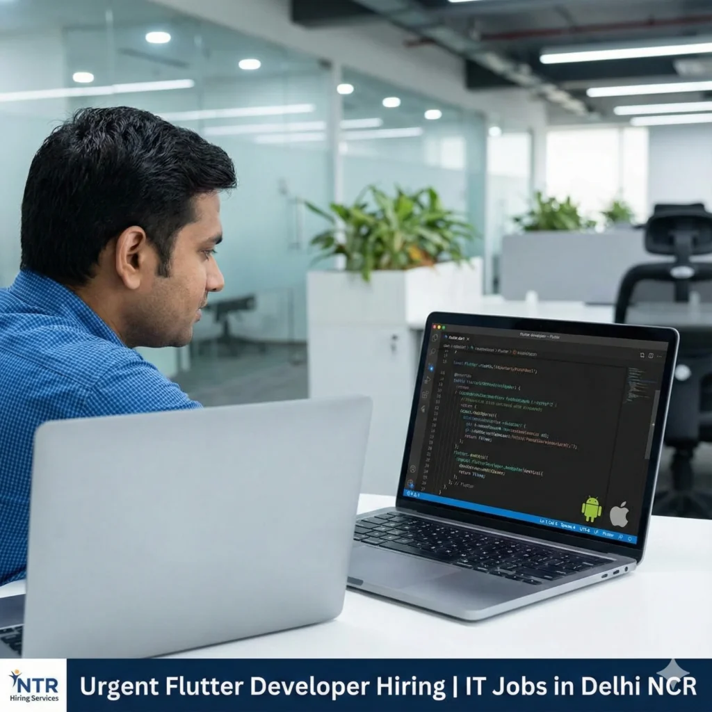 Flutter Developer working on Dart code for mobile app development job hiring in Delhi NCR by NTR Hiring Services.