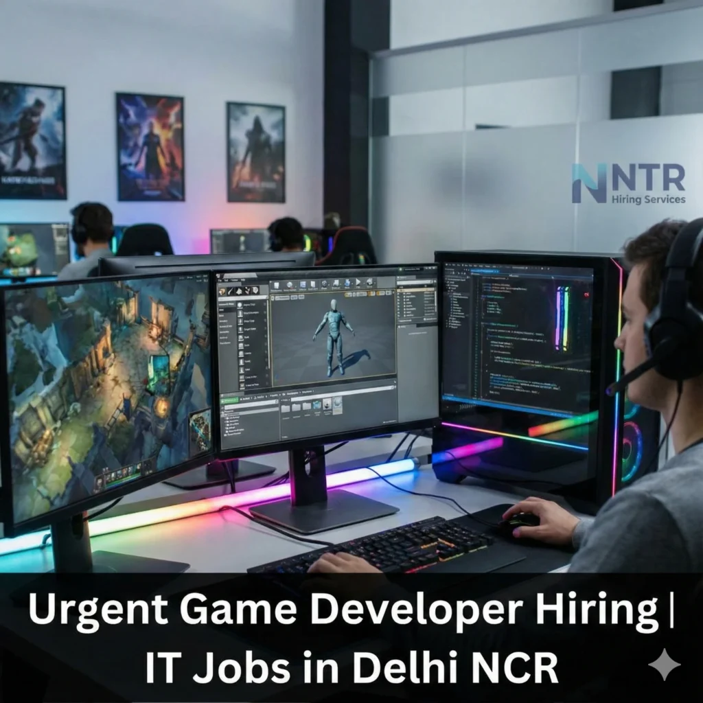 Game developer working on game design and coding representing game developer job hiring in Delhi NCR by NTR Hiring Services.