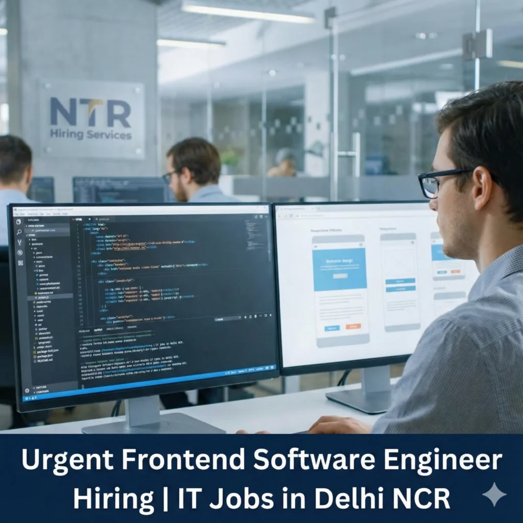 Frontend Software Engineer job hiring in Delhi NCR showing developer working on modern web interface at NTR Hiring Services.