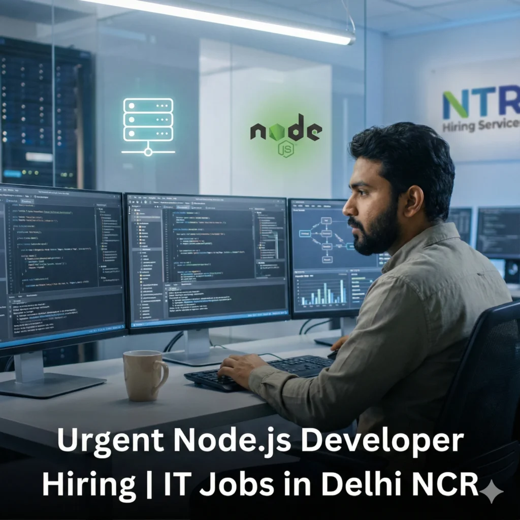 Node.js Developer working on backend systems representing Node.js Developer job hiring in Delhi NCR by NTR Hiring Services.