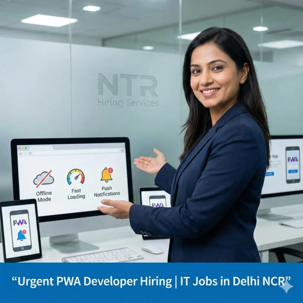 Professional HR welcoming gesture representing Progressive Web App developer job hiring in Delhi NCR by NTR Hiring Services.