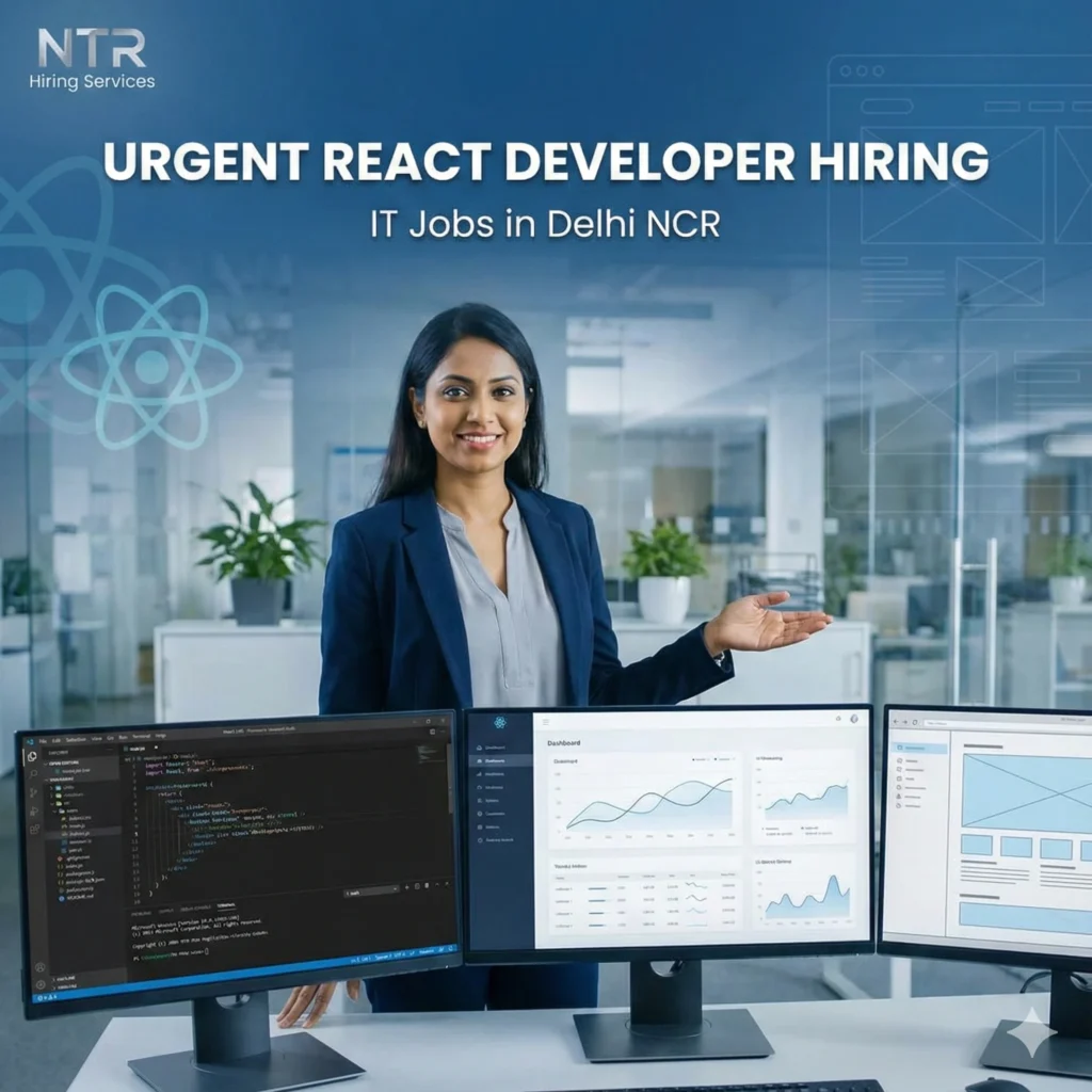 Front-end developer working on React.js application for React Developer job hiring in Delhi NCR by NTR Hiring Services.