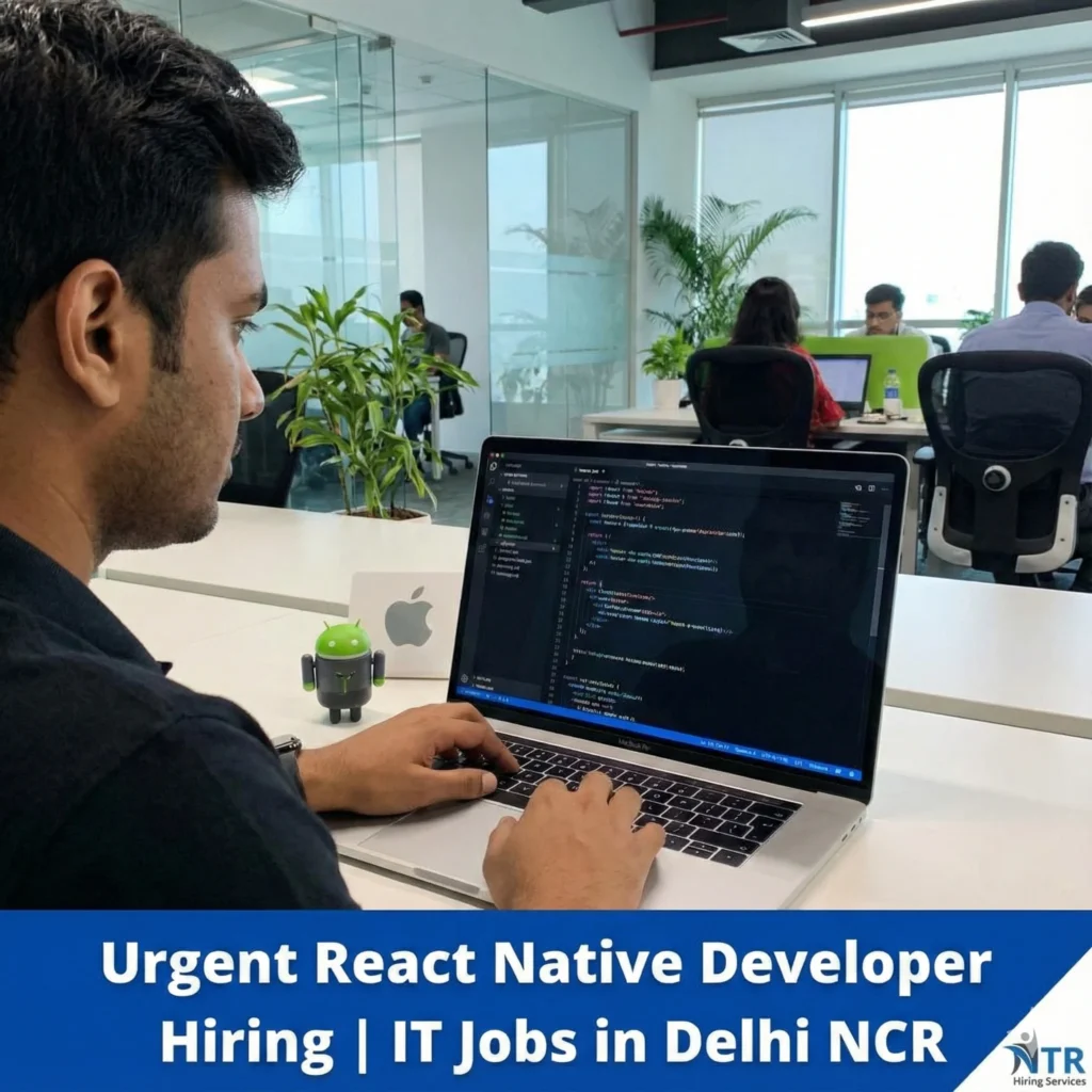 React Native Developer working on mobile app development code for job hiring in Delhi NCR by NTR Hiring Services.