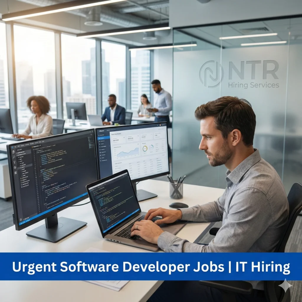 Software developer working in a professional IT environment representing software developer jobs by NTR Hiring Services.